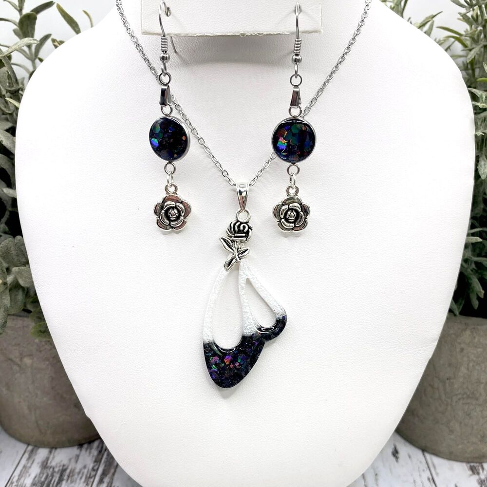 Handmade Black Glitter Resin Necklace Set w/ Rose Charms | Silver Floral Jewelry - Picture 4 of 4